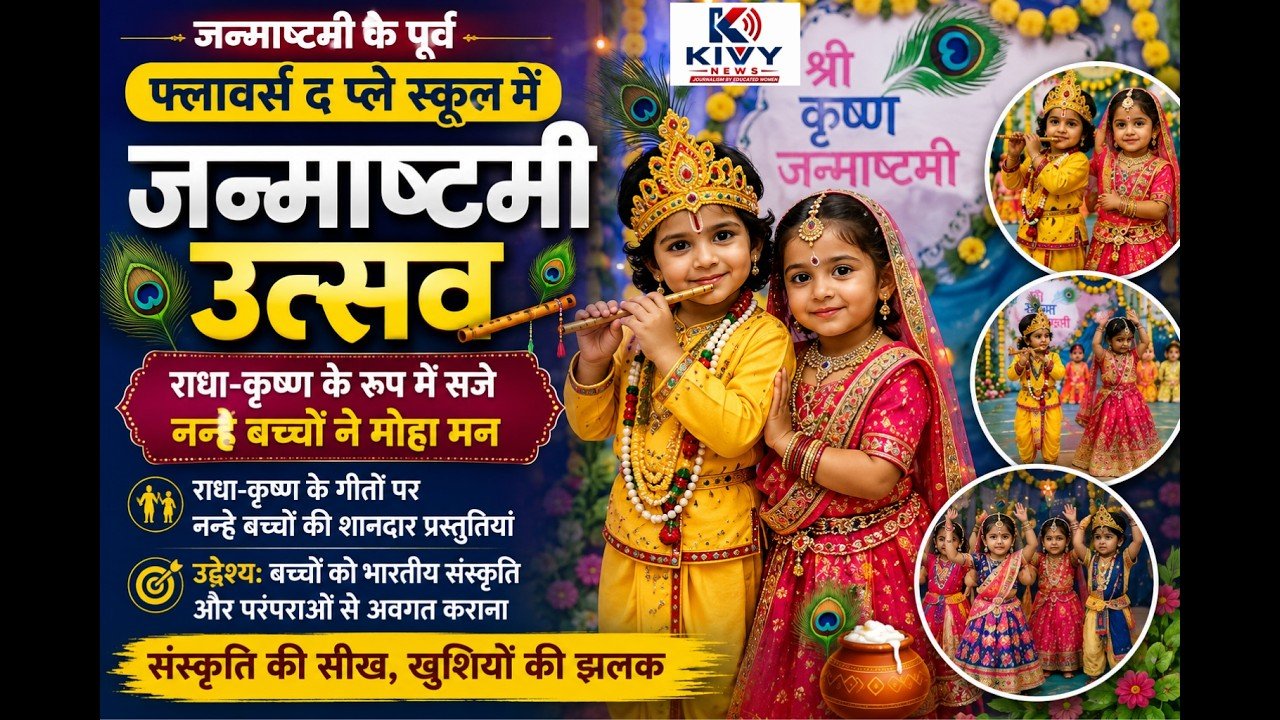   फ्लावर्स द प्ले स्कूल में जन्माष्टमी उत्सव, राधा-कृष्ण के रूप में सजे नन्हे बच्चों ने मोहा मन
